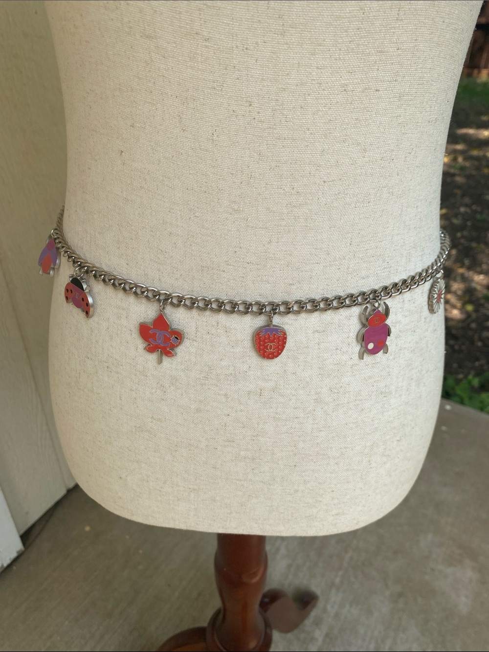 CHANEL Silver Chain Charm Belt with Red and Pink Enamel Charms
